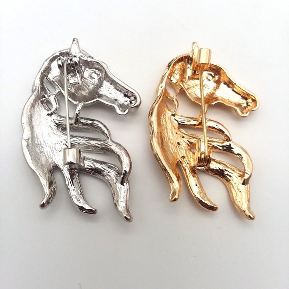 Horse Brooch Rhinestone Pin Stylish Sparkle Gold or Silver Tone Metal Equestrian - Picture 2 of 4